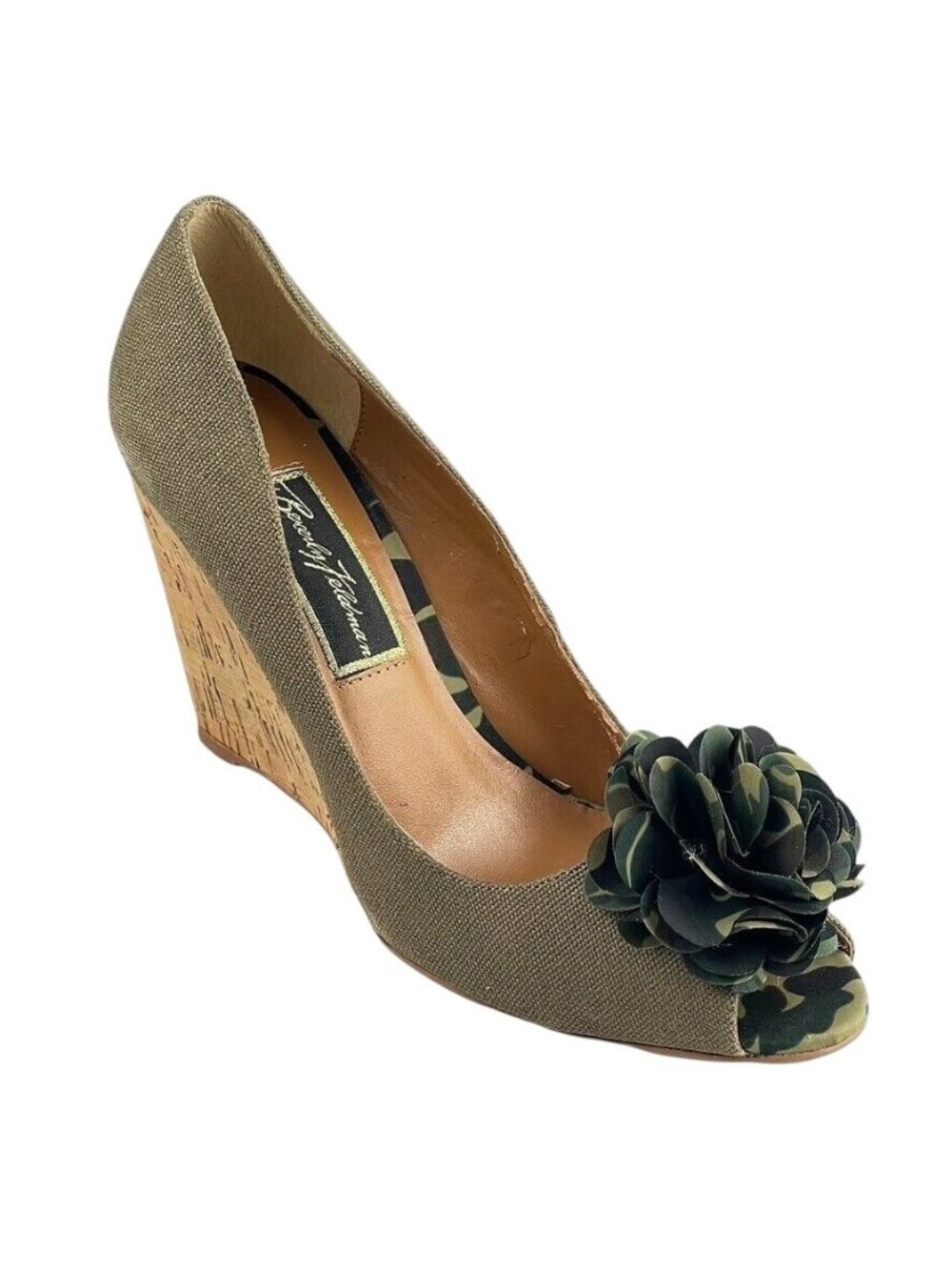 Beverly Feldman Open-Toe Wedge Heels With Canvas Floral Details & Cork Sole Wome